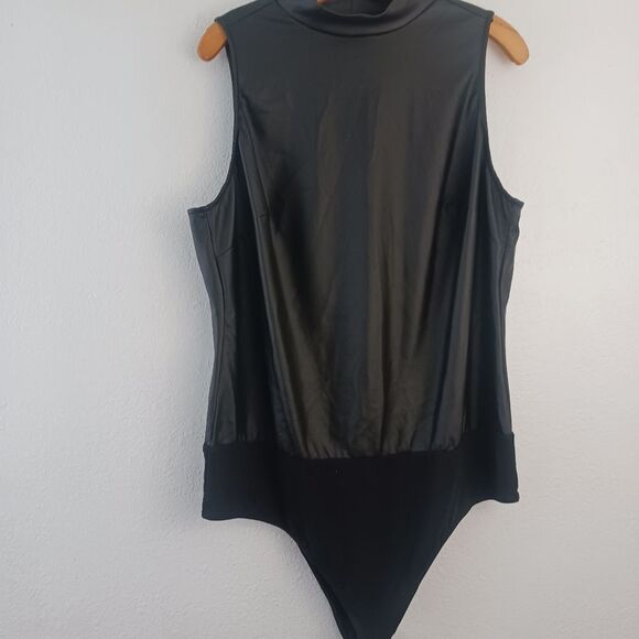Torrid Plus Size 2X Black Faux Leather Mock Neck Bodysuit, Snap Crotch - Picture 3 of 7